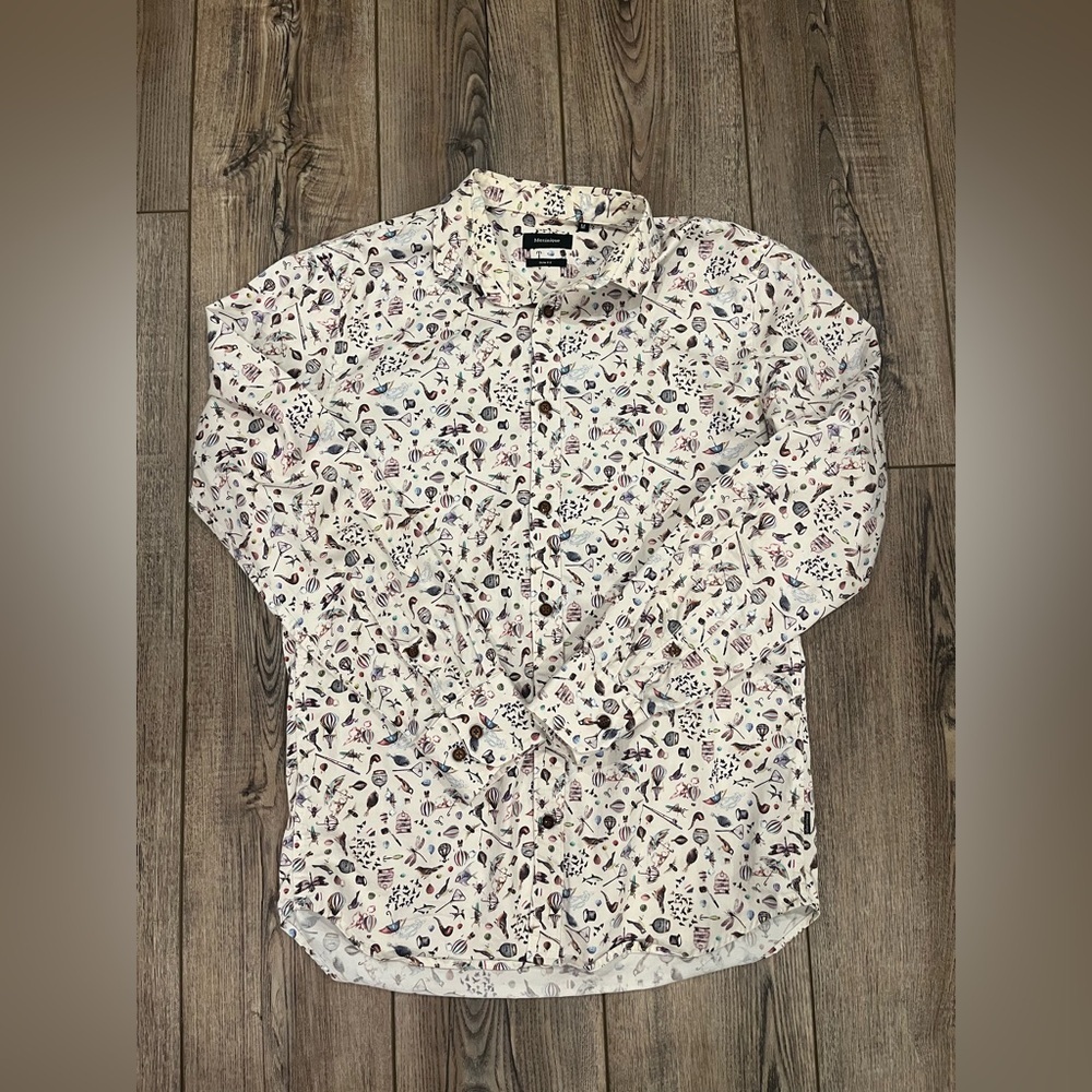 Matinique Slim Fit Button‑Down Shirt – Size M – Whimsical Balloon & Bird Print